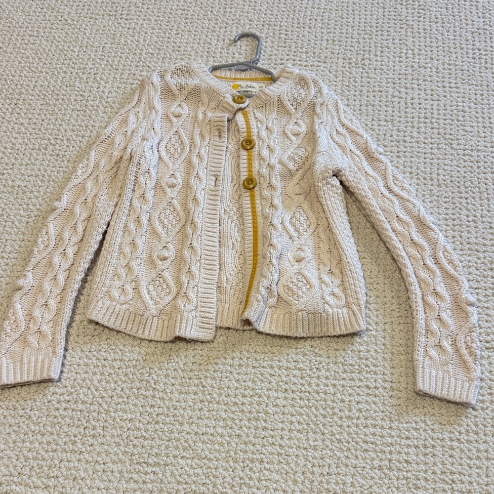 Mini Boden Cream Cable Knit Cardigan with Mustard Trim